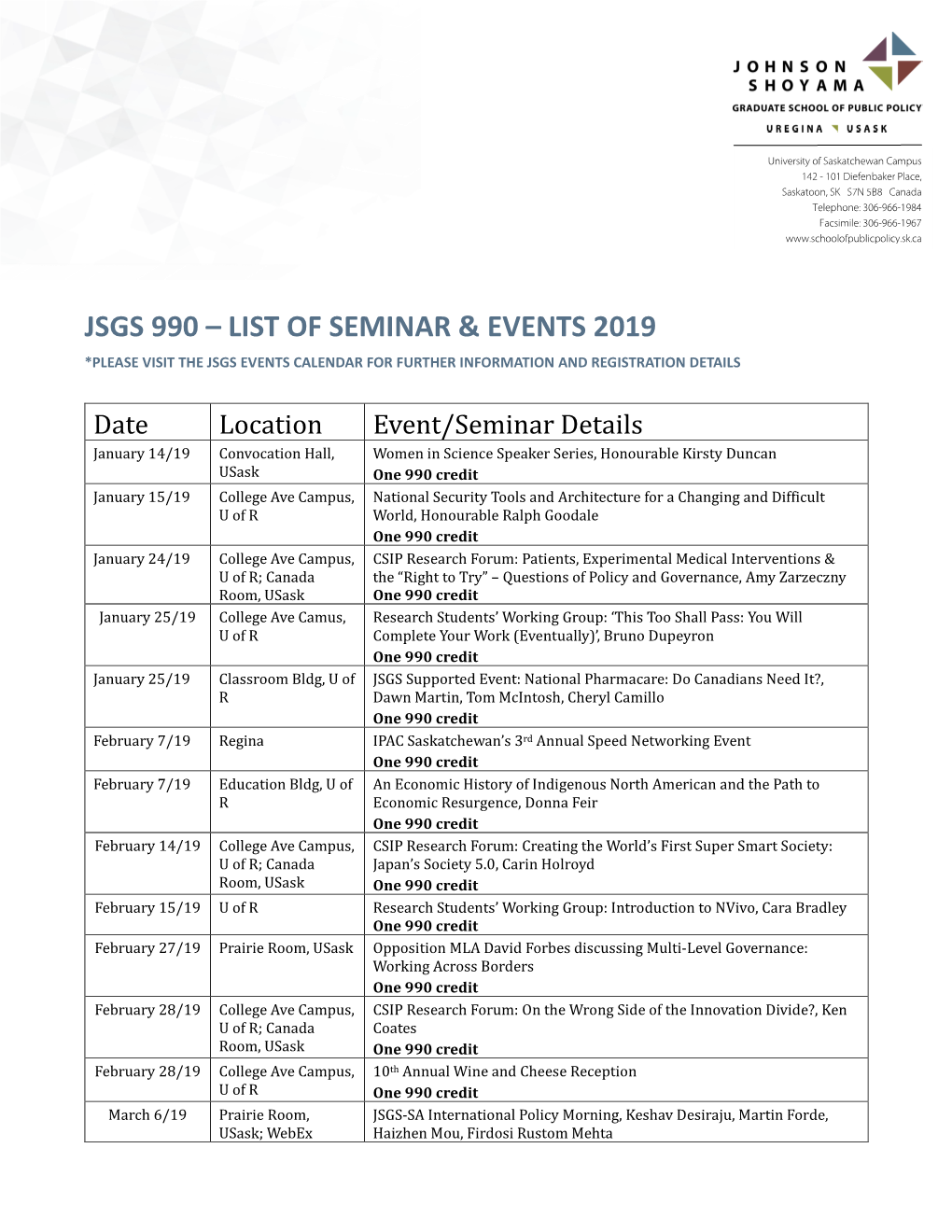 Jsgs 990 – List of Seminar & Events 2019