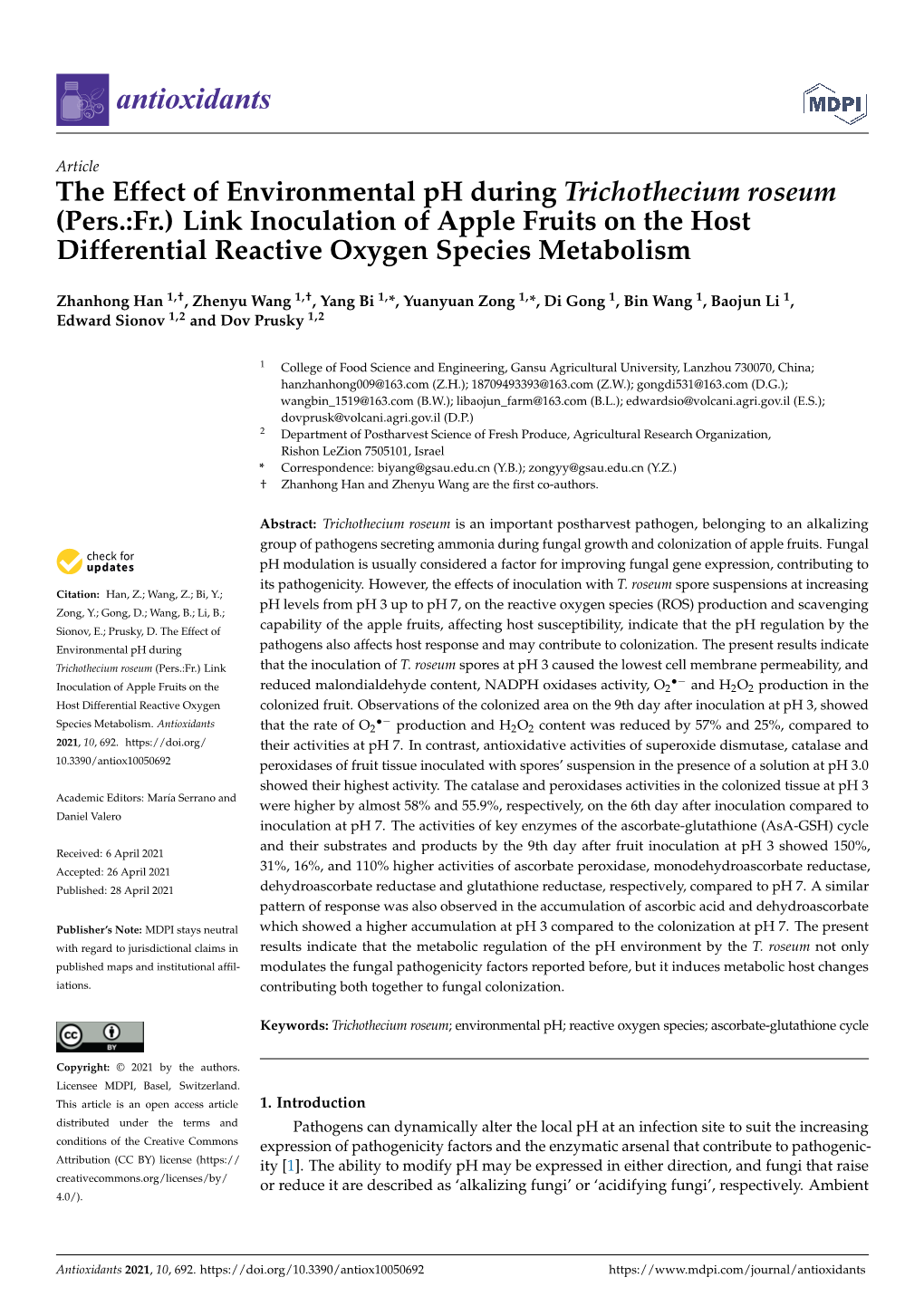 The Effect of Environmental Ph During Trichothecium Roseum (Pers.:Fr.) Link Inoculation of Apple Fruits on the Host Differential Reactive Oxygen Species Metabolism