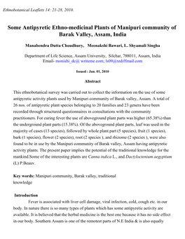 Some Antipyretic Ethno-Medicinal Plants of Manipuri Community of Barak Valley, Assam, India