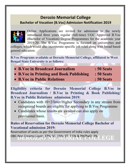 Derozio Memorial College Bachelor of Vocation (B.Voc) Admission Notification 2019