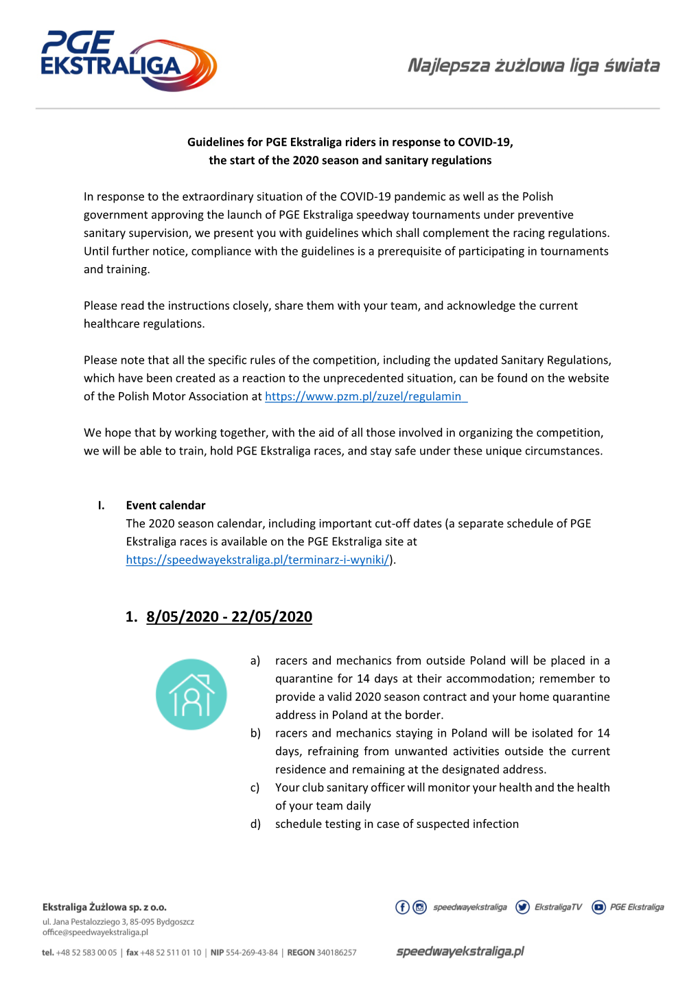 Guidelines for PGE Ekstraliga Riders in Response to COVID-19, the Start of the 2020 Season and Sanitary Regulations