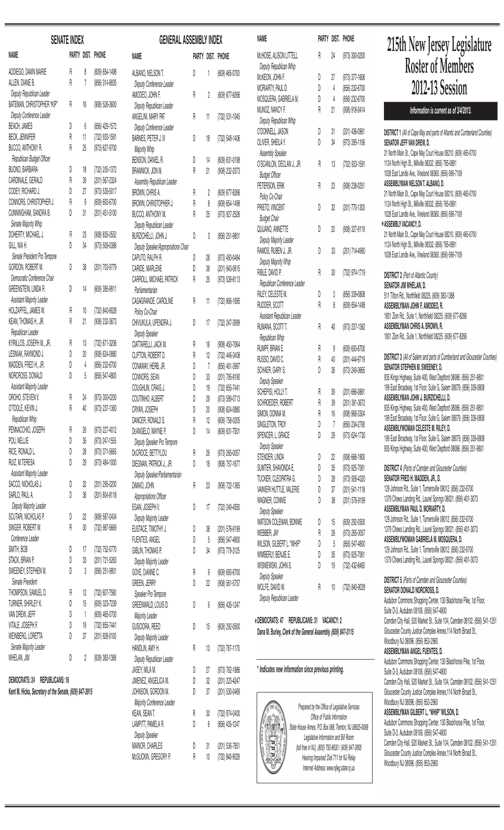 215Th New Jersey Legislature Roster of Members 2012-13 Session