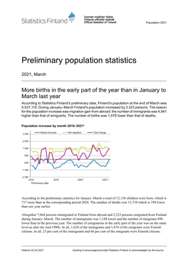 Preliminary Population Statistics 2021, March
