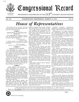 Congressional Record United States Th of America PROCEEDINGS and DEBATES of the 113 CONGRESS, SECOND SESSION