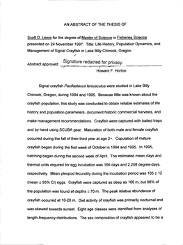 Life History, Population Dynamics, and Management of Signal Crayfish in Lake Billy Chinook, Oregon