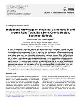Indigenous Knowledge on Medicinal Plants Used in and Around Robe Town, Bale Zone, Oromia Region, Southeast Ethiopia