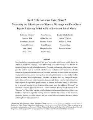 Real Solutions for Fake News? Measuring the Eﬀectiveness of General Warnings and Fact-Check Tags in Reducing Belief in False Stories on Social Media