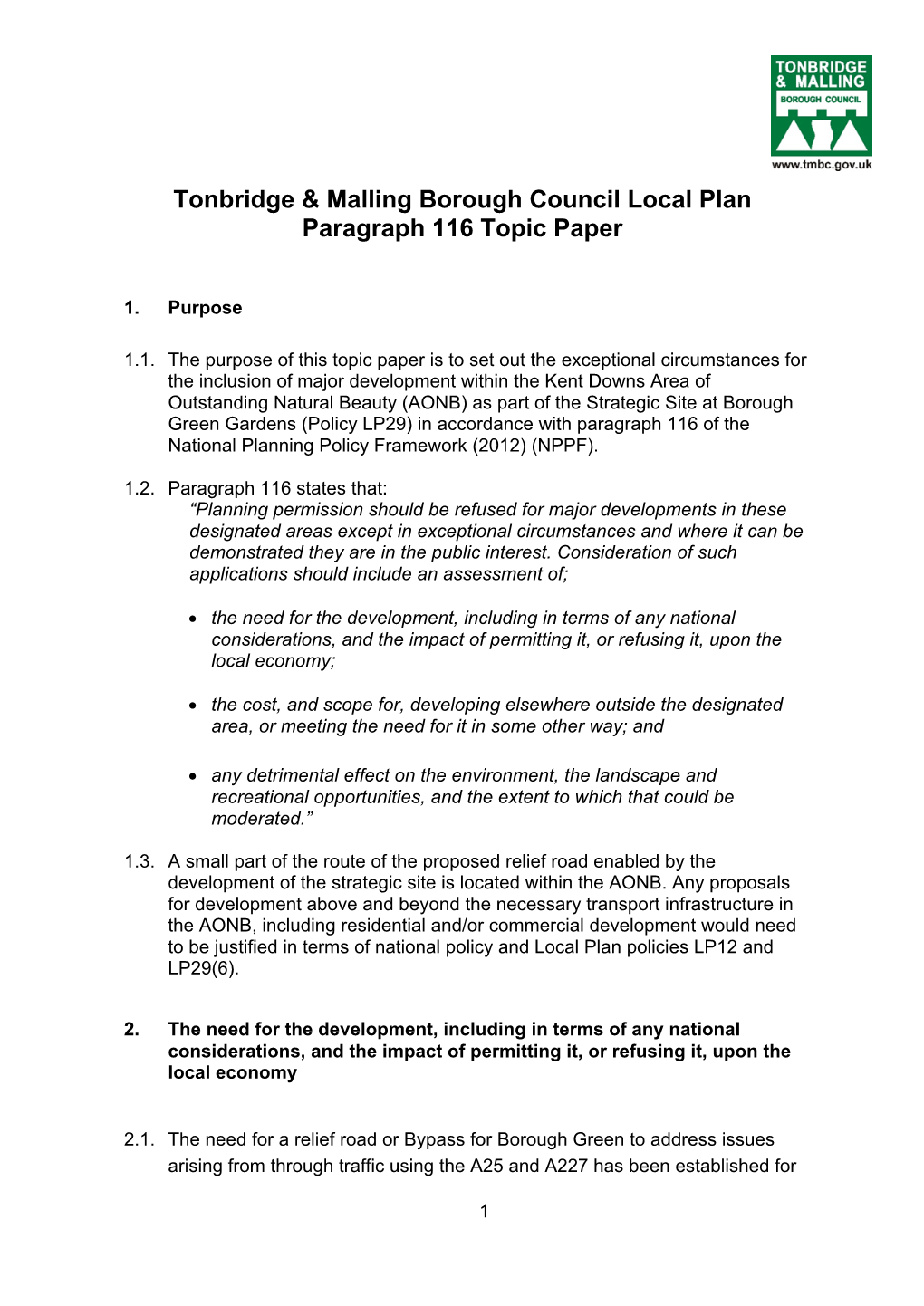 Tonbridge & Malling Borough Council Local Plan Paragraph 116 Topic