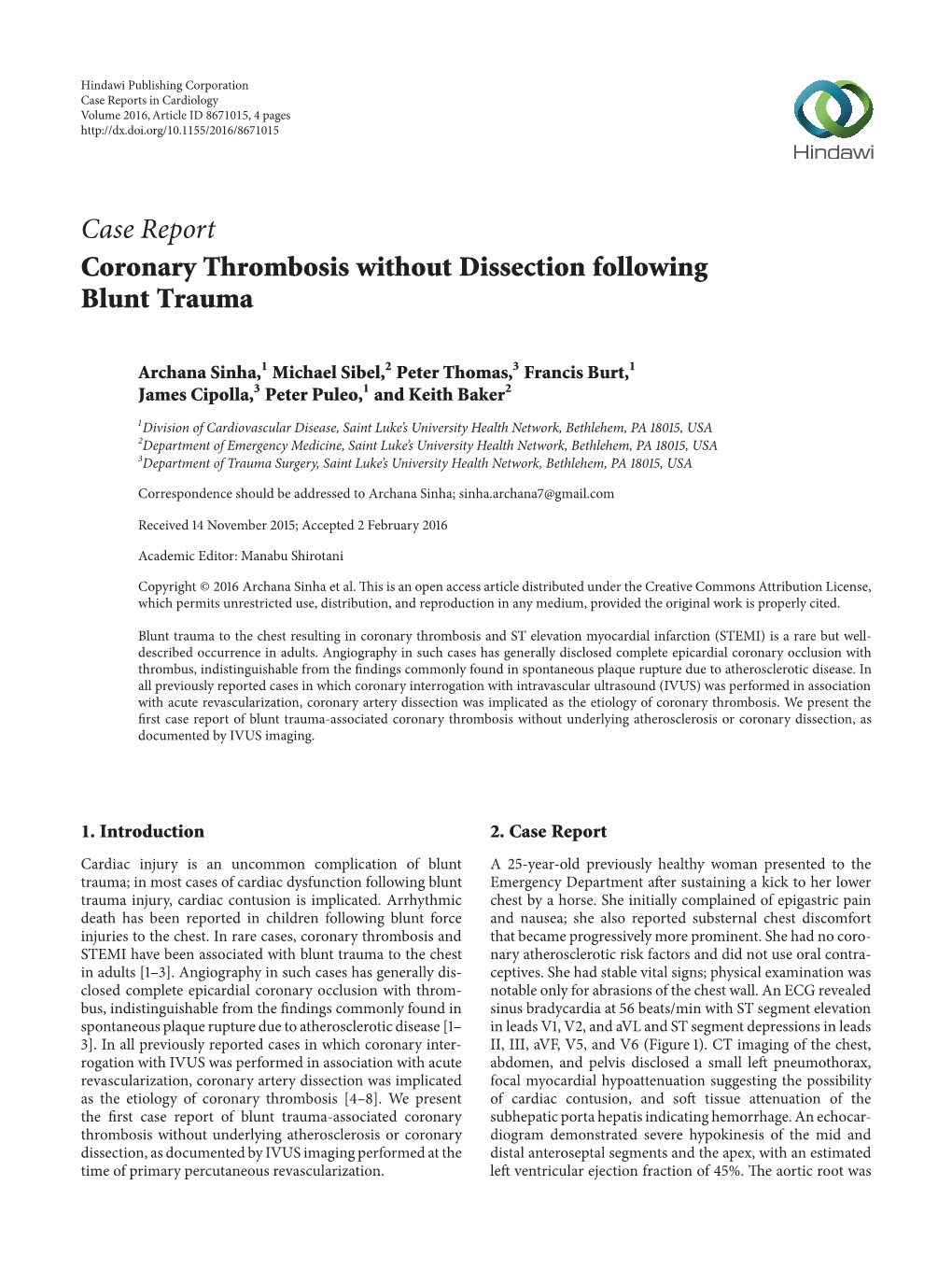 Coronary Thrombosis Without Dissection Following Blunt Trauma