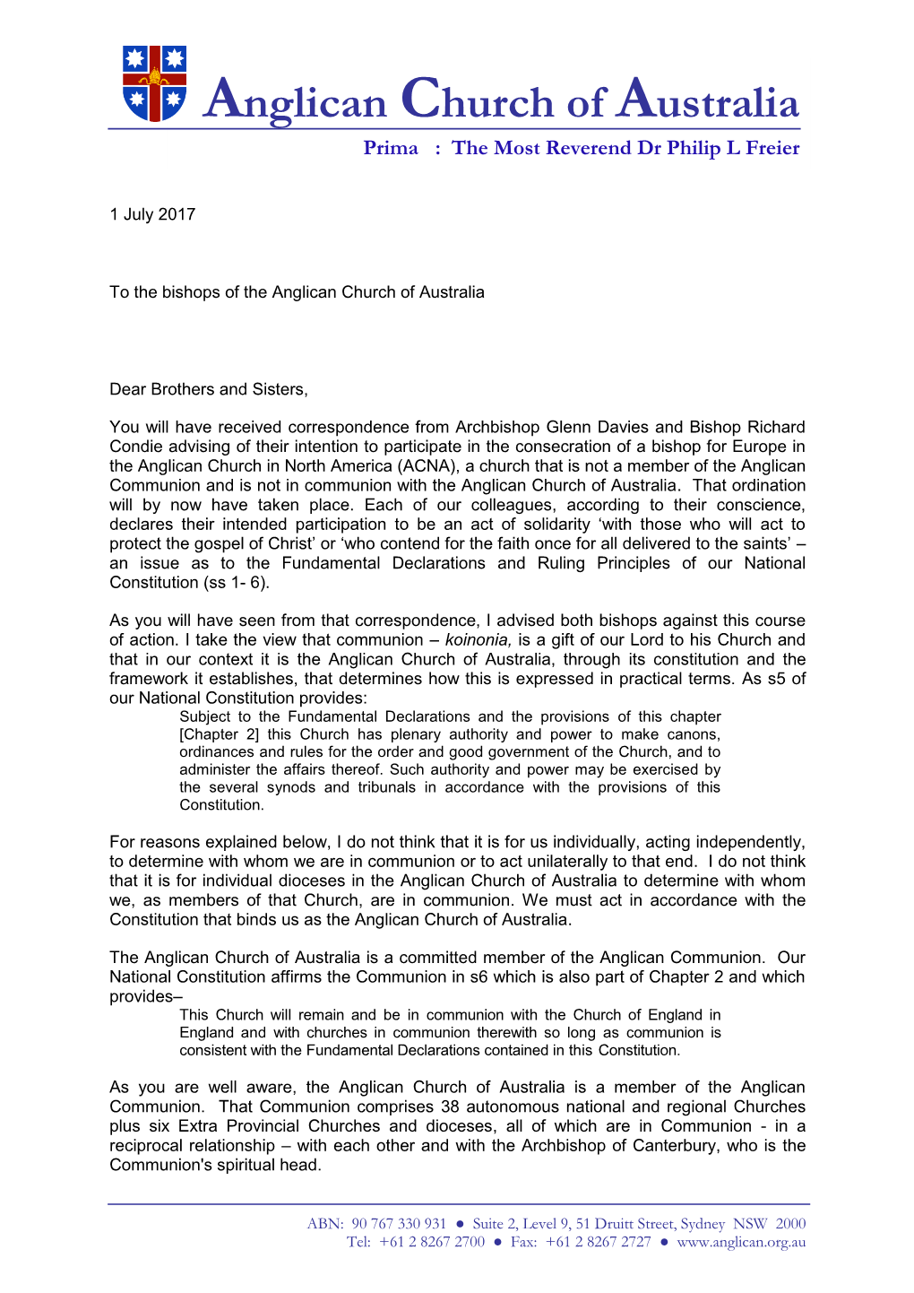To the Bishops of the Anglican Church of Australia