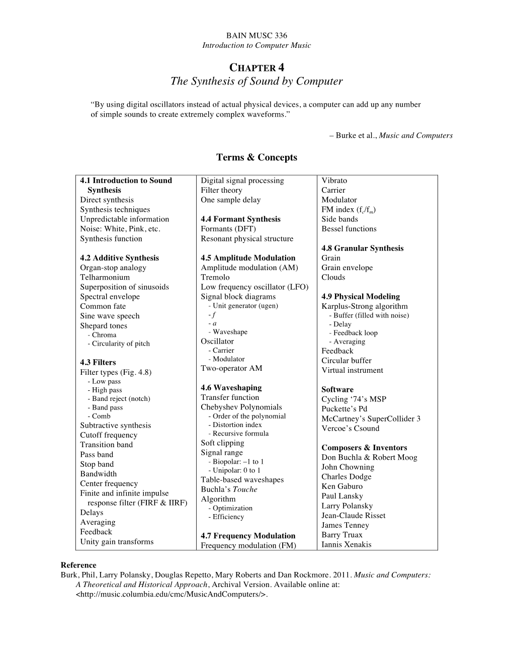 Music & Computers Ch. 4 Overview