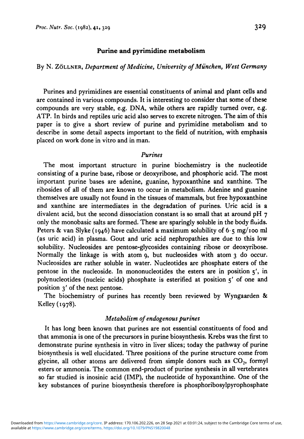 Purine and Pyrimidine Metabolism by N. ZOLLNER, Department Of