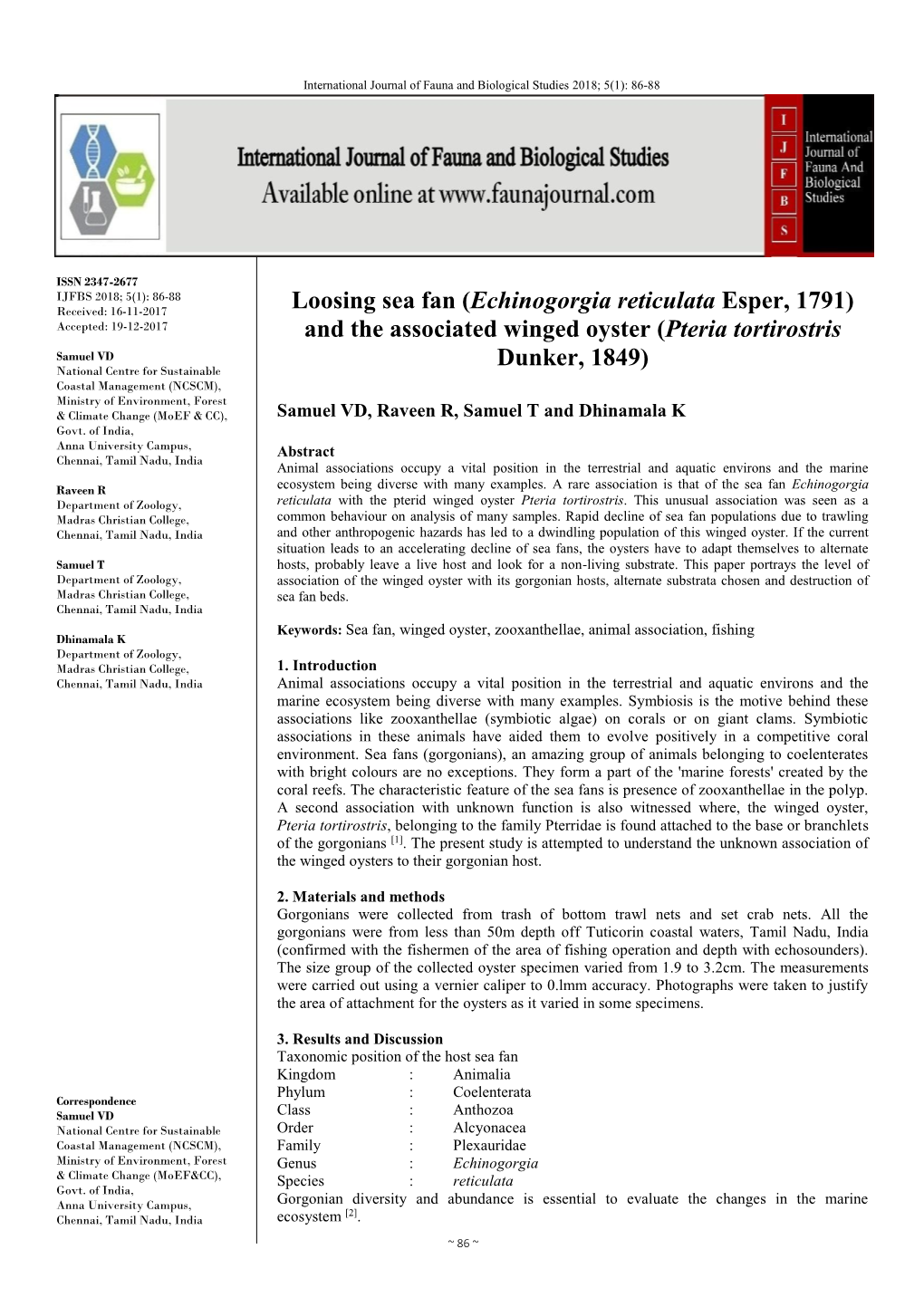 Loosing Sea Fan (Echinogorgia Reticulata Esper, 1791) Accepted: 19-12-2017 and the Associated Winged Oyster (Pteria Tortirostris