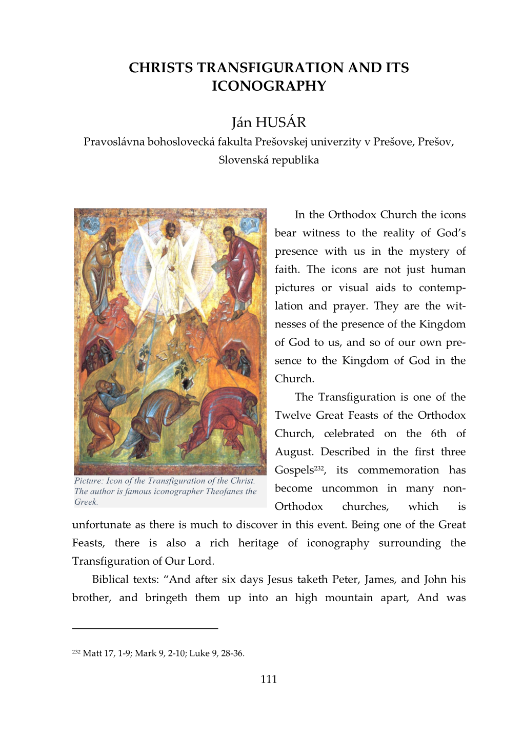 CHRISTS TRANSFIGURATION and ITS ICONOGRAPHY Ján HUSÁR