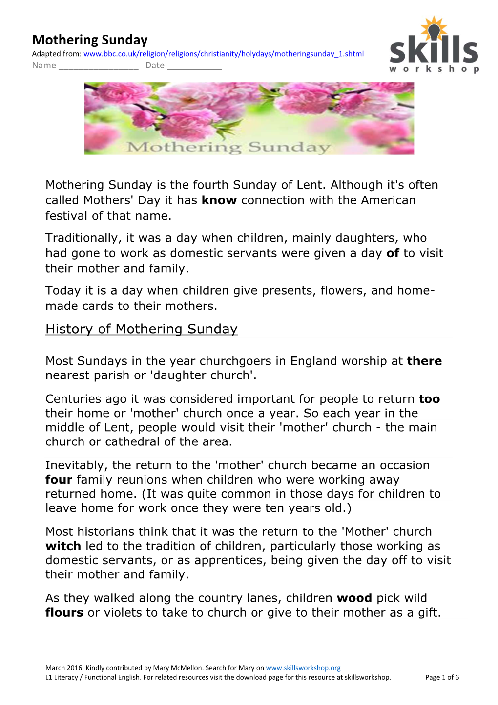 Mothering Sunday Adapted From: Name ______Date ______