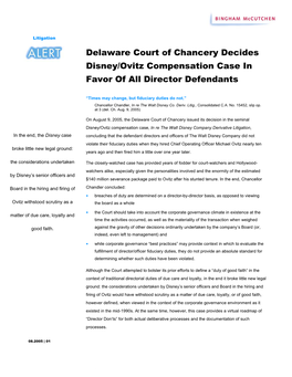 Delaware Court of Chancery Decides Disney/Ovitz Compensation Case in Favor of All Director Defendants