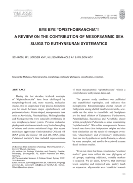 “Opisthobranchia”! a Review on the Contribution of Mesopsammic Sea Slugs to Euthyneuran Systematics