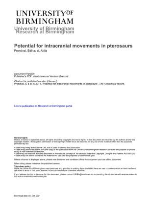 Potential for Intracranial Movements in Pterosaurs Prondvai, Edina; Si, Attila