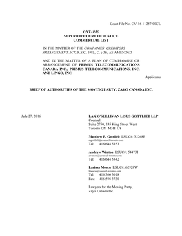 Court File No. CV-16-11257-00CL ONTARIO SUPERIOR COURT OF