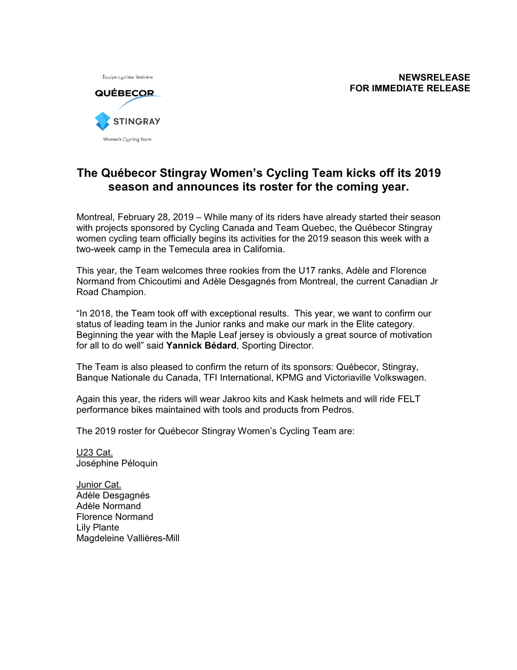 The Québecor Stingray Women's Cycling Team Kicks Off Its 2019