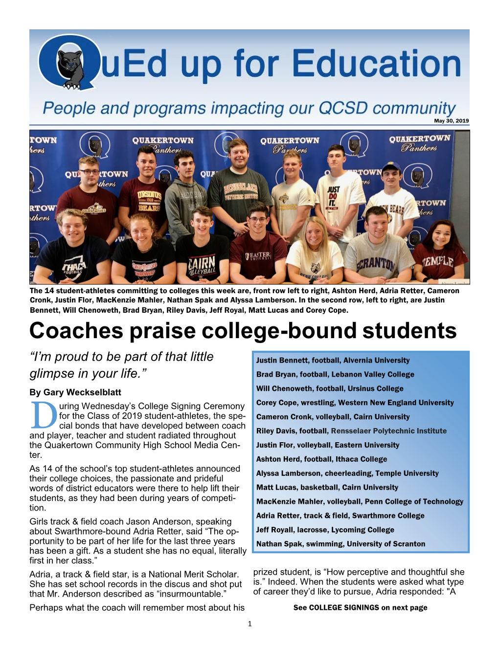 Coaches Praise College-Bound Students