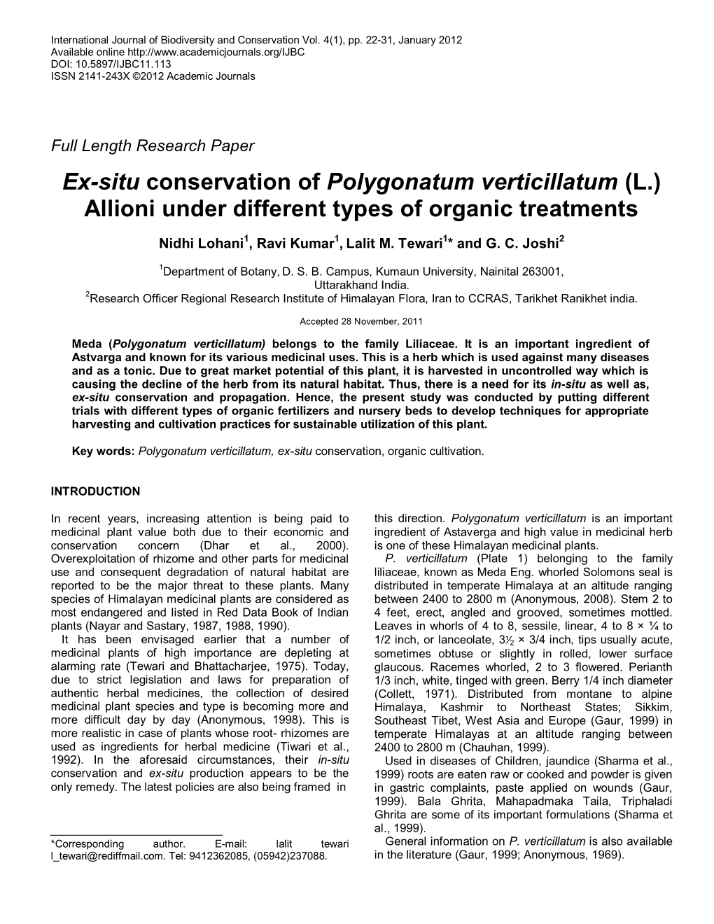 Ex-Situ Conservation of Polygonatum Verticillatum (L.) Allioni Under Different Types of Organic Treatments