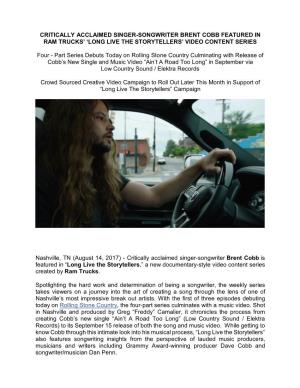 Critically Acclaimed Singer-Songwriter Brent Cobb Featured in Ram Trucks’ ‘Long Live the Storytellers’ Video Content Series