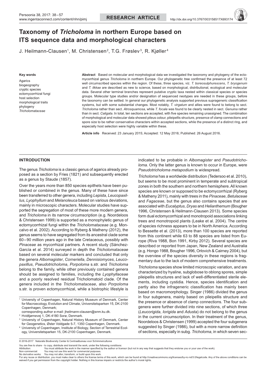 Taxonomy of Tricholoma in Northern Europe Based on ITS Sequence Data and Morphological Characters