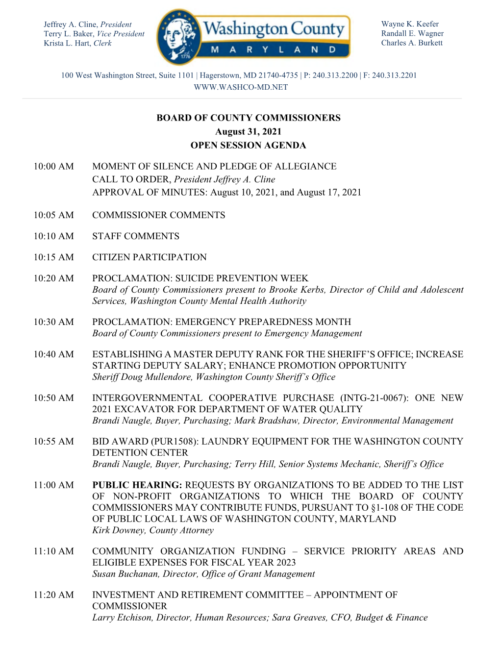 BOARD of COUNTY COMMISSIONERS August 31, 2021 OPEN SESSION AGENDA