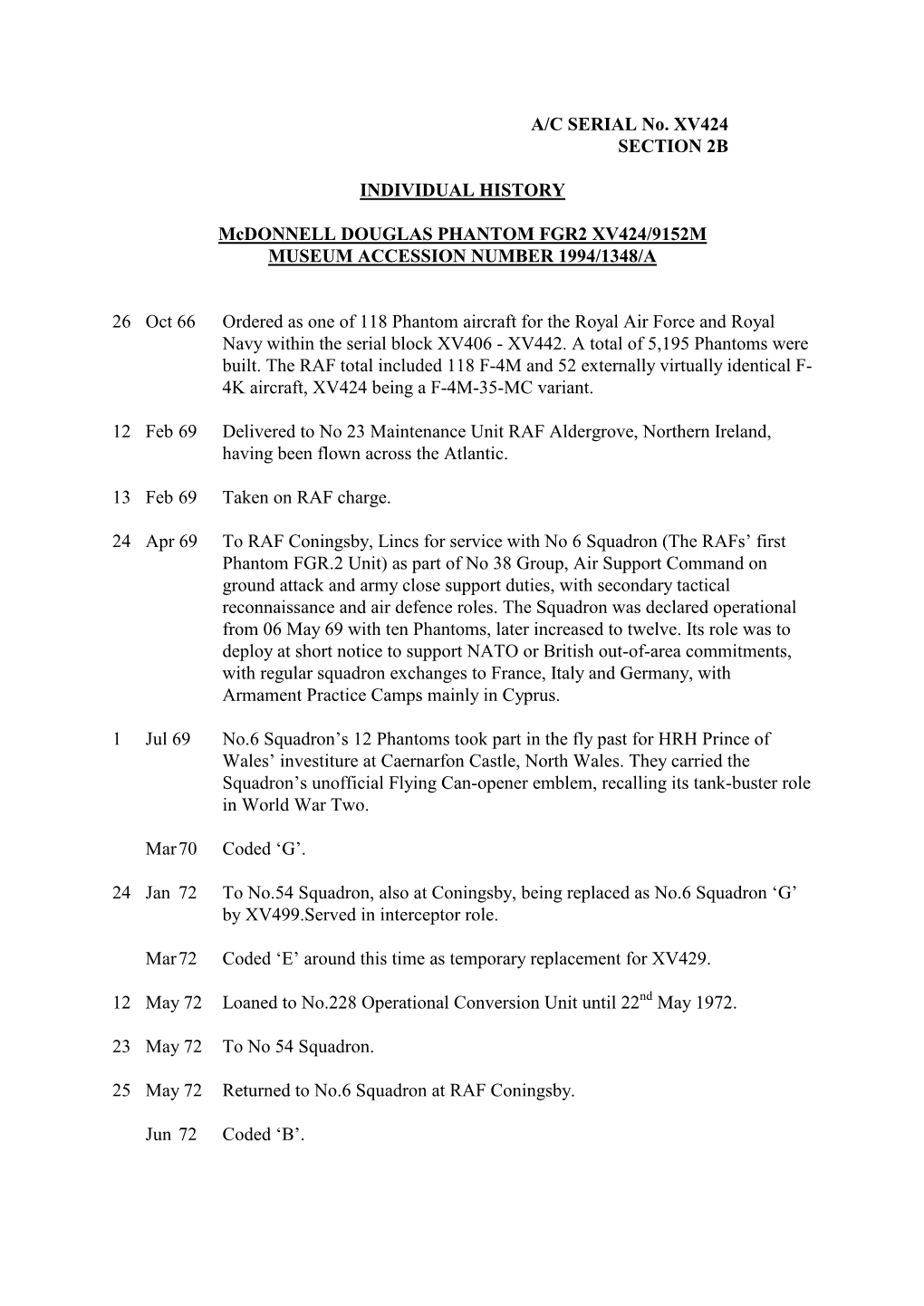 Mcdonnell DOUGLAS PHANTOM FGR2 XV424/9152M MUSEUM ACCESSION NUMBER 1994/1348/A