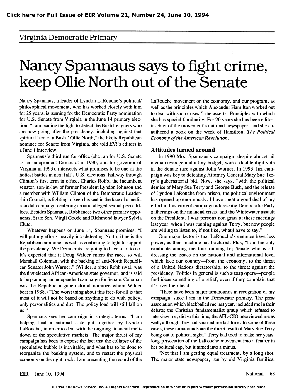 Nancy Spannaus Says to Fight Crime, Keep Ollie North out of the Senate