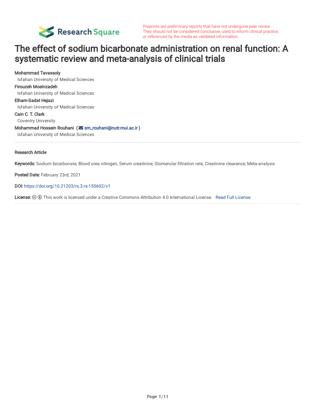 The Effect of Sodium Bicarbonate Administration on Renal Function: a Systematic Review and Meta-Analysis of Clinical Trials