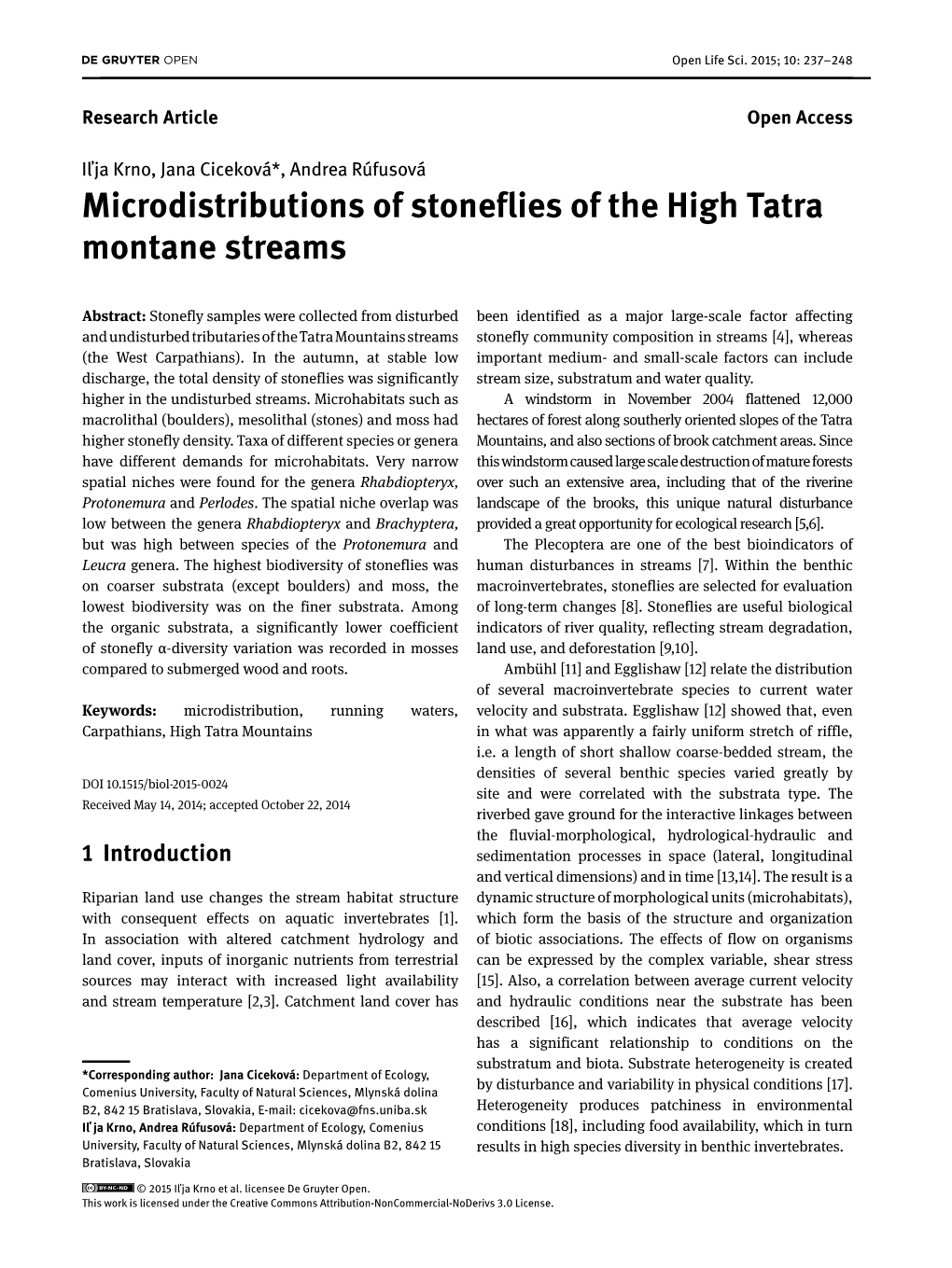 Microdistributions of Stoneflies of the High Tatra Montane Streams