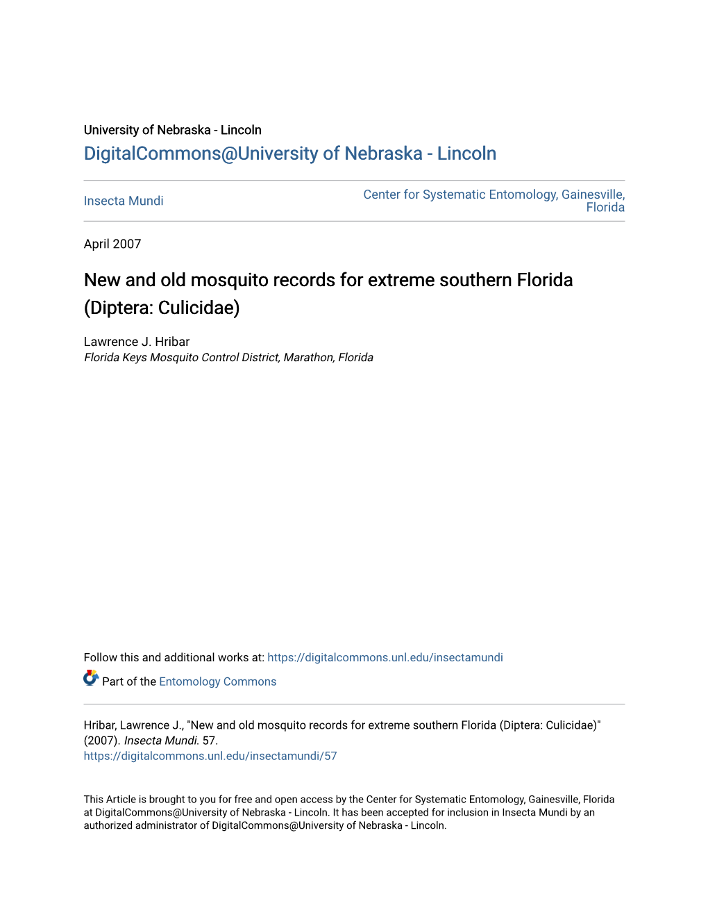 New and Old Mosquito Records for Extreme Southern Florida (Diptera: Culicidae)