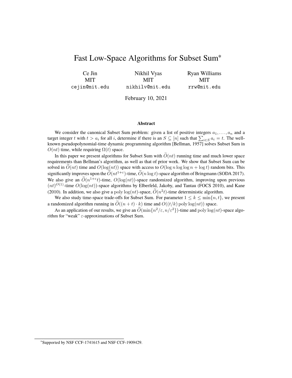 Fast Low-Space Algorithms for Subset Sum∗