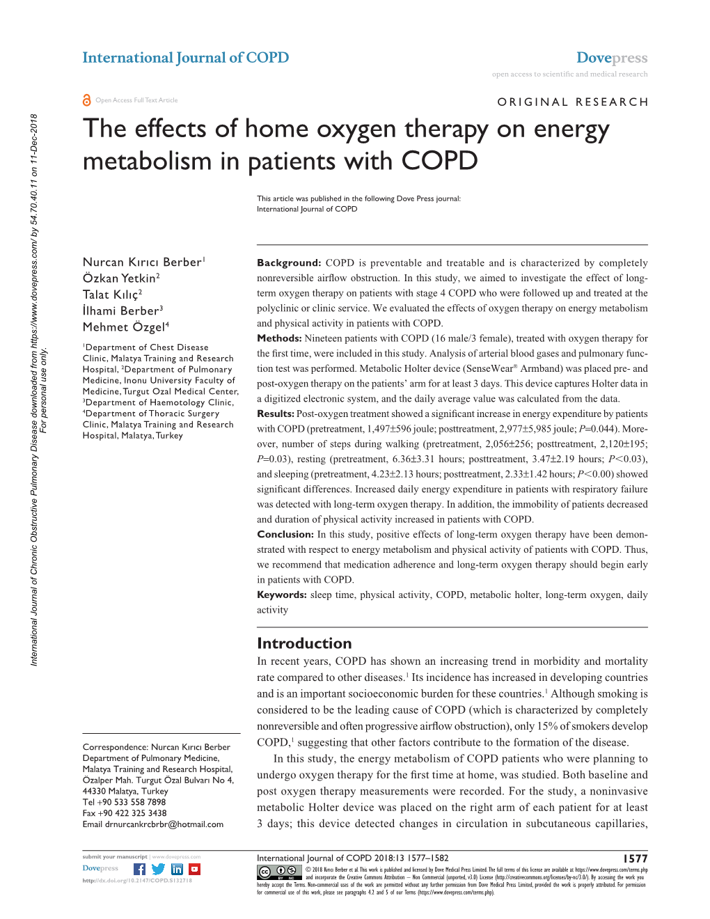 The Effects of Home Oxygen Therapy on Energy Metabolism in Patients