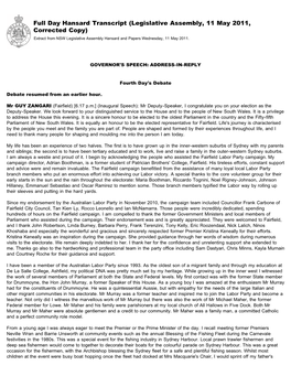 Full Day Hansard Transcript (Legislative Assembly, 11 May 2011, Corrected Copy) Extract from NSW Legislative Assembly Hansard and Papers Wednesday, 11 May 2011