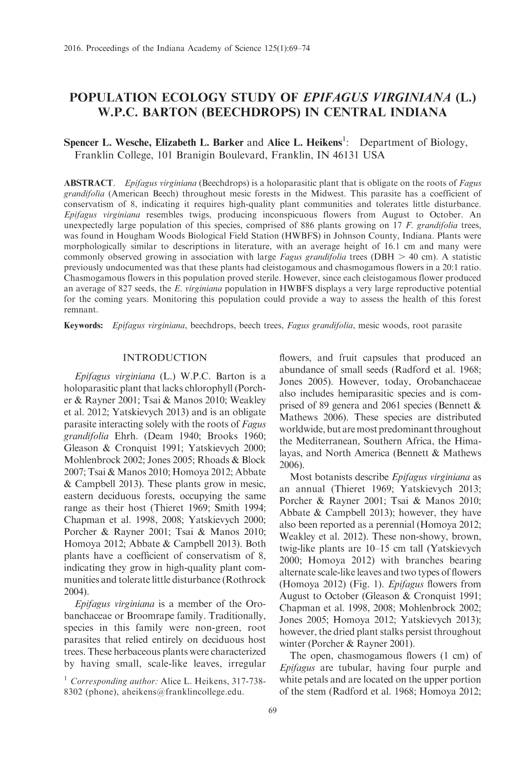 Population Ecology Study of Epifagus Virginiana (L.) W.P.C. Barton (Beechdrops) in Central Indiana