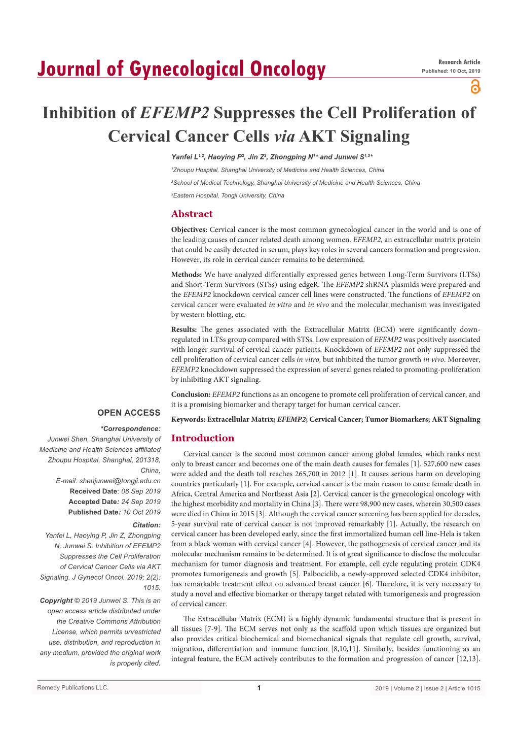 Inhibition of EFEMP2 Suppresses the Cell Proliferation of Cervical Cancer Cells Via AKT Signaling