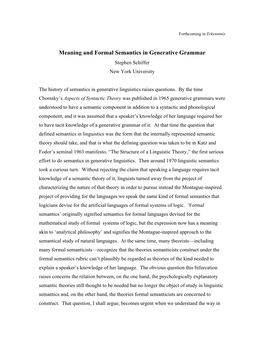 Meaning and Formal Semantics in Generative Grammar Stephen Schiffer New York University