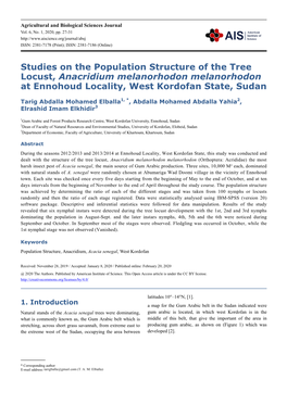 Studies on the Population Structure of the Tree Locust, Anacridium Melanorhodon Melanorhodon at Ennohoud Locality, West Kordofan State, Sudan