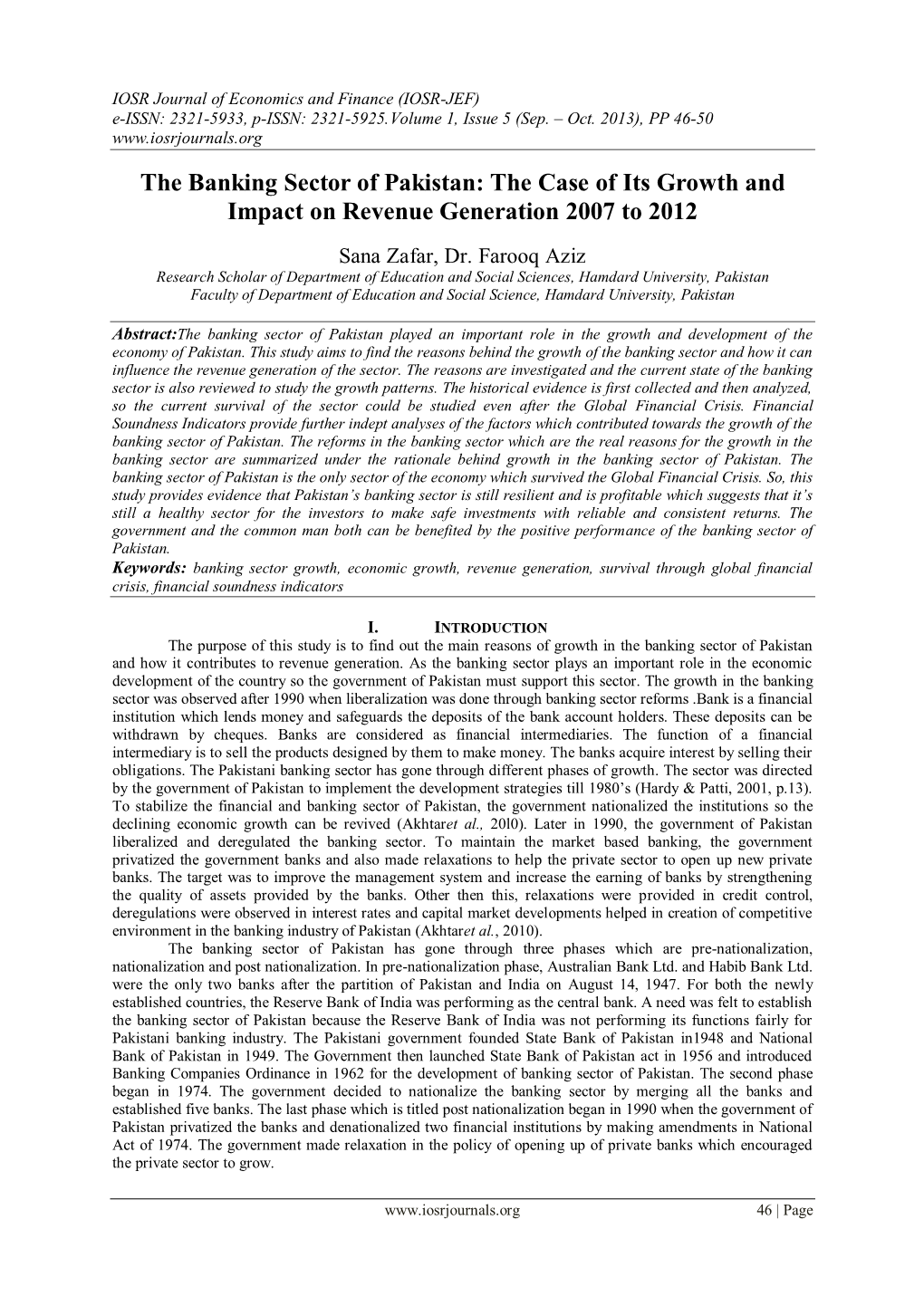 The Banking Sector of Pakistan: the Case of Its Growth and Impact on Revenue Generation 2007 to 2012