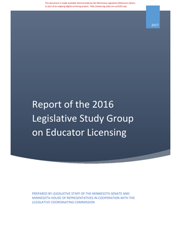 Report of the 2016 Legislative Study Group on Educator Licensing