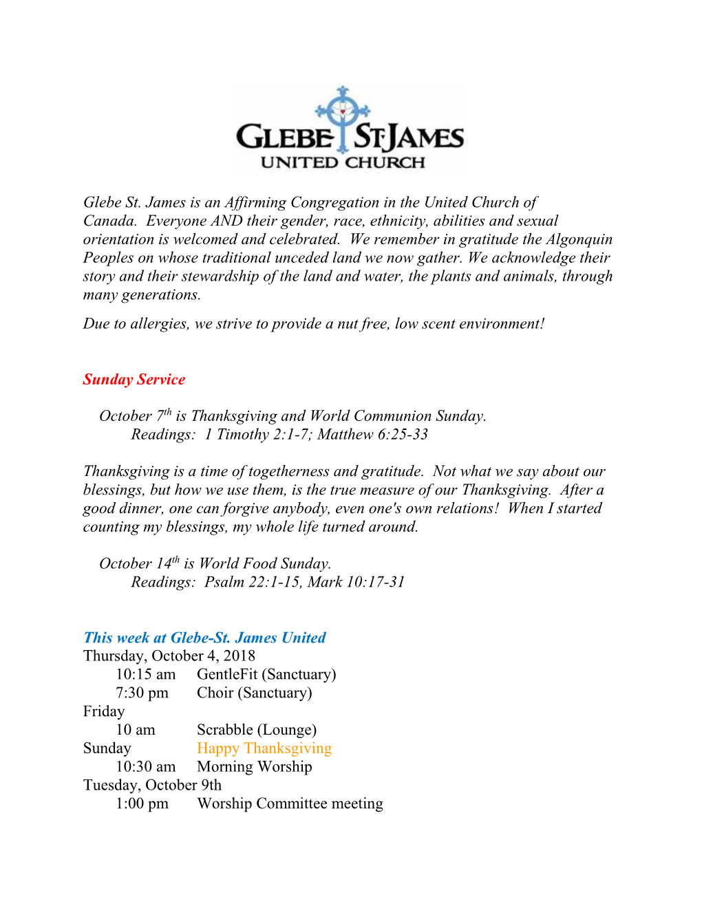 Glebe St. James Is an Affirming Congregation in the United Church of Canada