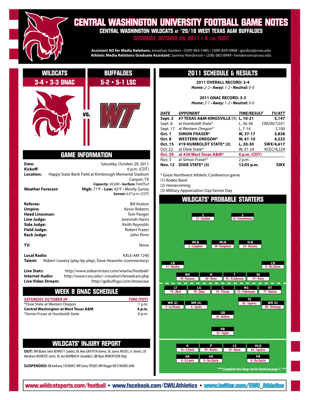 CENTRAL WASHINGTON UNIVERSITY FOOTBALL GAME NOTES CENTRAL WASHINGTON WILDCATS at #20/16 WEST TEXAS A&M BUFFALOES SATURDAY, OCTOBER 29, 2011 • 6 P.M