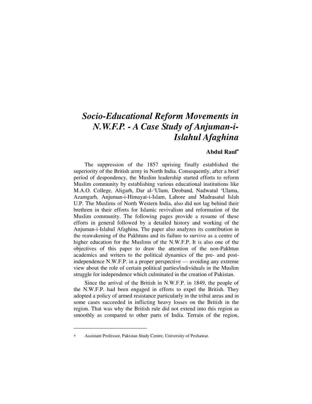 Socio-Educational Reform Movements in NWFP