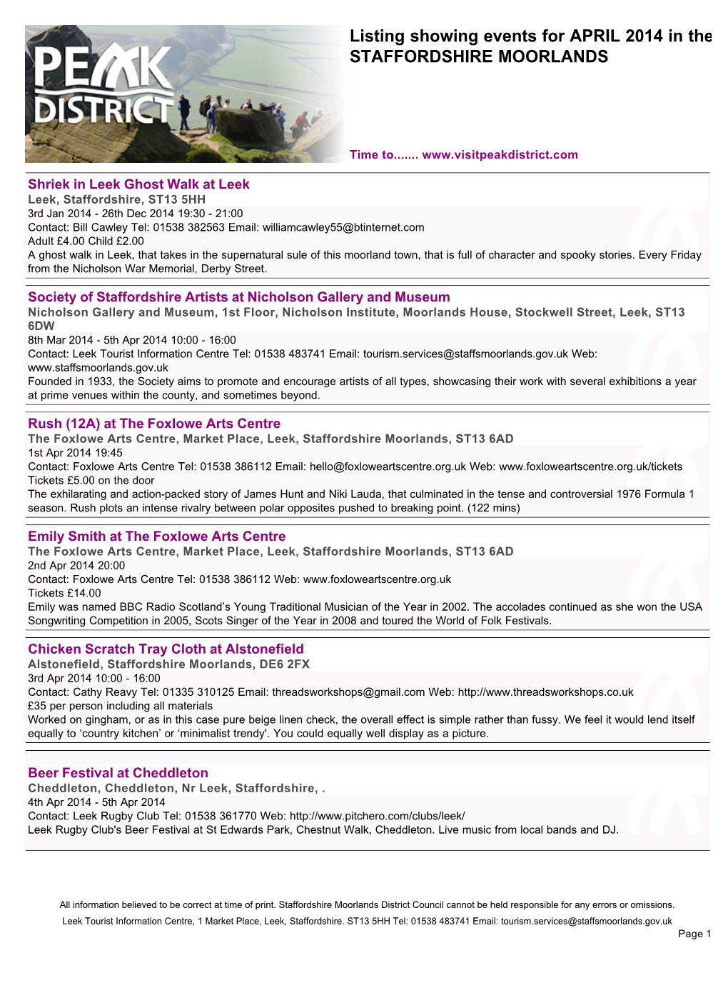 Listing Showing Events for APRIL 2014 in the STAFFORDSHIRE MOORLANDS