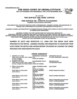 The High Court of Orissa,Cuttack List of Business for Wednesday the 16Th December 2020