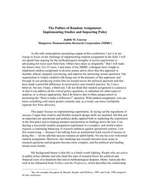 The Politics of Random Assignment: Implementing Studies and Impacting Policy