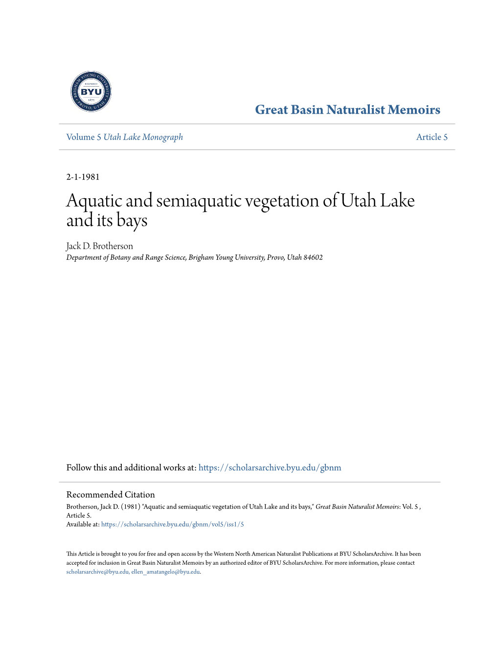 Aquatic and Semiaquatic Vegetation of Utah Lake and Its Bays Jack D